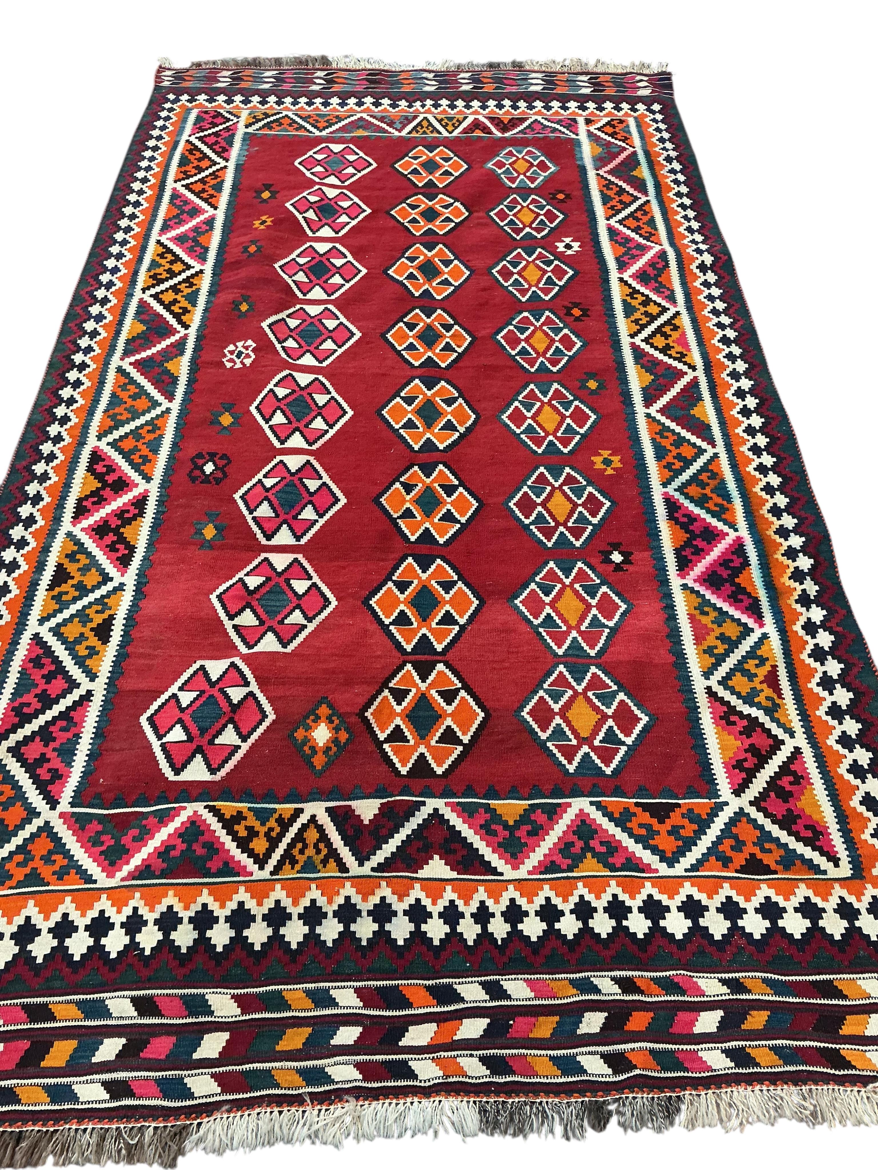 Two Kilim geometric flat weave rugs, larger 270cm x 150cm